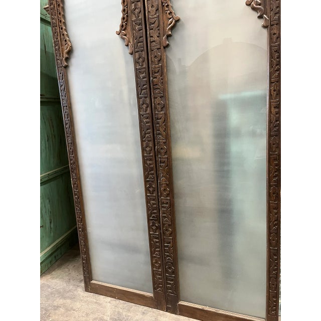 Vintage Arched Carved Wood Doors With Smoked Glass - A Pair, 96x48 For Sale - Image 9 of 10