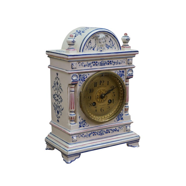 Victorian Antique Renaissance Revival j.e. Caldwell French Delft Porcelain Mantel Clock For Sale - Image 3 of 18