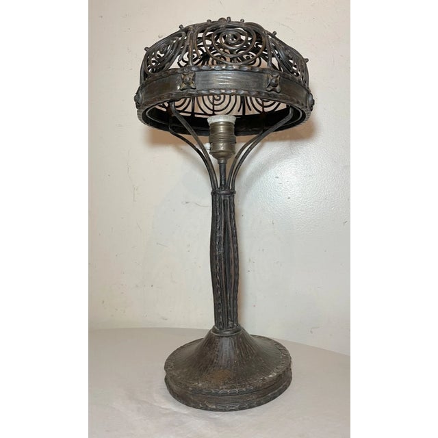 Rare Antique Art Deco Handmade Wrought Forged Steel Iron Electric Table Lamp For Sale - Image 4 of 17