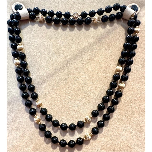 Metal Round Bead Black Onyx & 14 Karat Gold Bead Necklace For Sale - Image 7 of 8