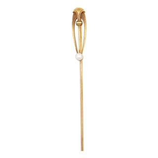 Signed Brassler Co. Art Deco 14k Yellow Gold & Seed Pearl Stick Pin For Sale