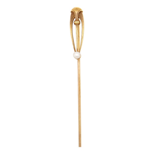 Signed Brassler Co. Art Deco 14k Yellow Gold & Seed Pearl Stick Pin For Sale