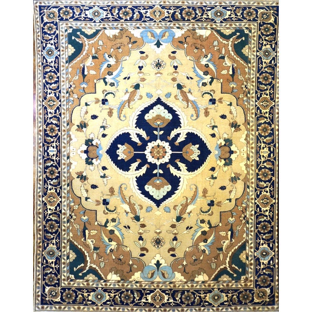 21st Century Persian Heriz Wool 12x15 Tan & Navy Handmade Area Rug #9902016 For Sale