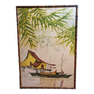 Vintage 1960's Mid-Century Tropical Island Signed Painting on Fabric For Sale