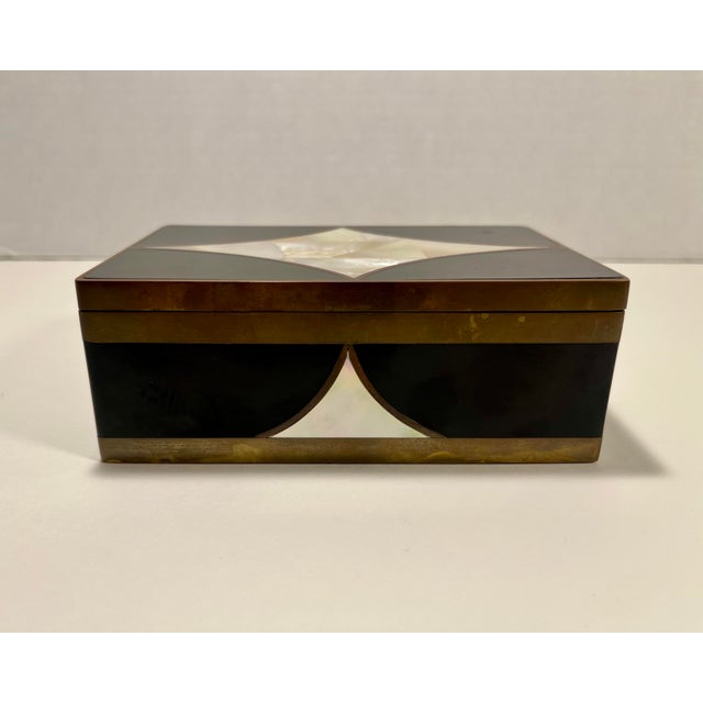 Art Deco Vintage Brass With Mother of Pearl and Black Lacquer Inlay Trinket Box For Sale - Image 3 of 8