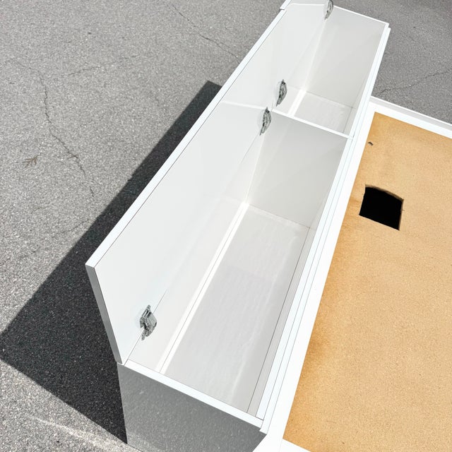 1980s Postmodern White Gloss Laminate King Size Platform Bed With Storage Headboard and Waterfall Nighstands - 4 Pieces For Sale - Image 5 of 12