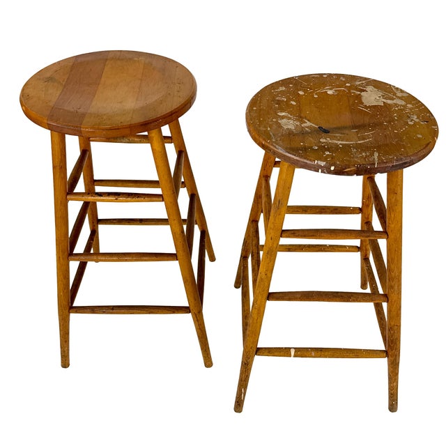 Vintage 1940s Pair of (2) 29.25" Tall Wood Artist Studio Stools For Sale - Image 11 of 18