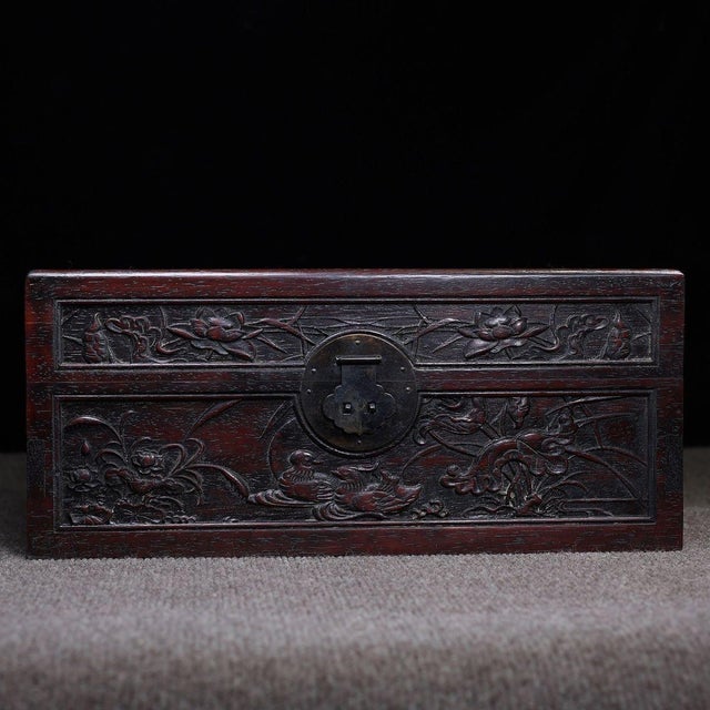 Chinese Zitan Wood Box Carved With Lotus Pond Scene & Poetry For Sale - Image 3 of 10