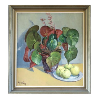 1949 Mid-Century Modern 'Begonia & Apples' Vintage Original Still Life Oil Painting, Framed For Sale