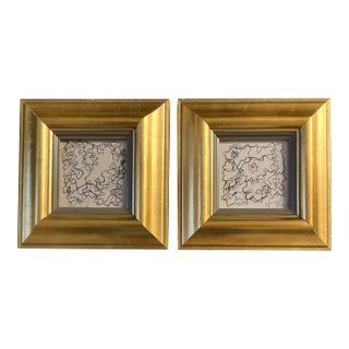 1980’s 2 Original Wayne Cunningham Small Abstract Ink Drawings Frames-A Pair For Sale