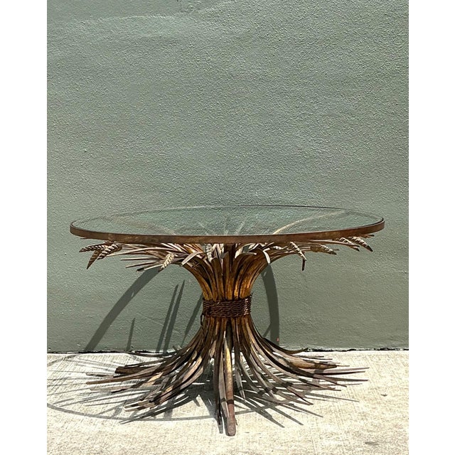 Mid 20th Century Vintage Distressed Gilt Metal and Glass Wheat Sheaf Table For Sale - Image 5 of 13