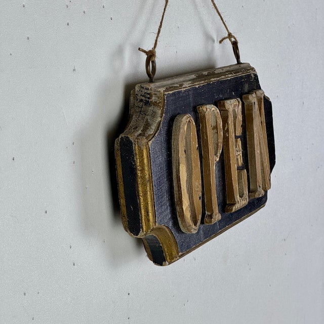 Wood Small Vintage "Open" Double Sided Wood Sign With Scalloped Edges & Raised Letters For Sale - Image 7 of 9