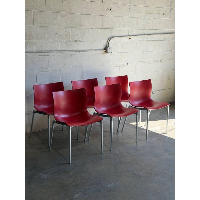 Modern Philippe Starck Red Stacking Chairs Set of 6 Molded Plastic and Aluminum 1990s For Sale - Image 3 of 14