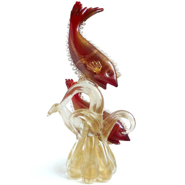 Murano Vintage Murano Red Fish Gold Flecks Coral Reef Tendrils Italian Art Glass Centerpiece Sculpture For Sale - Image 4 of 8
