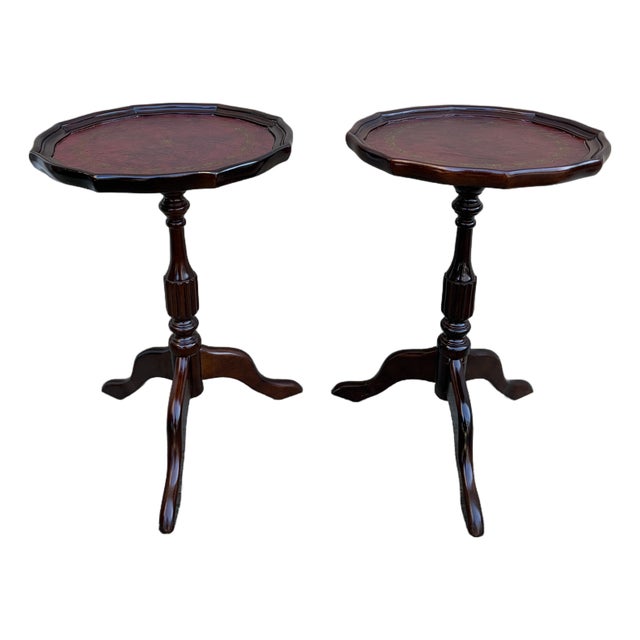 Vintage Georgian Embossed Red Leather Top Mahogany Side Tables, Pair For Sale