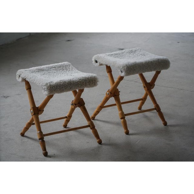 Mid-Century Modern Danish Folding Stools with Sheepskin Upholstery, 1960s, Set of 2 For Sale - Image 10 of 14