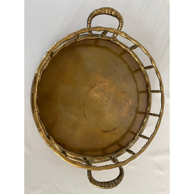 Brass 1970s Hollywood Regency Brass Faux Bamboo Rail Round Serving Tray For Sale - Image 8 of 10