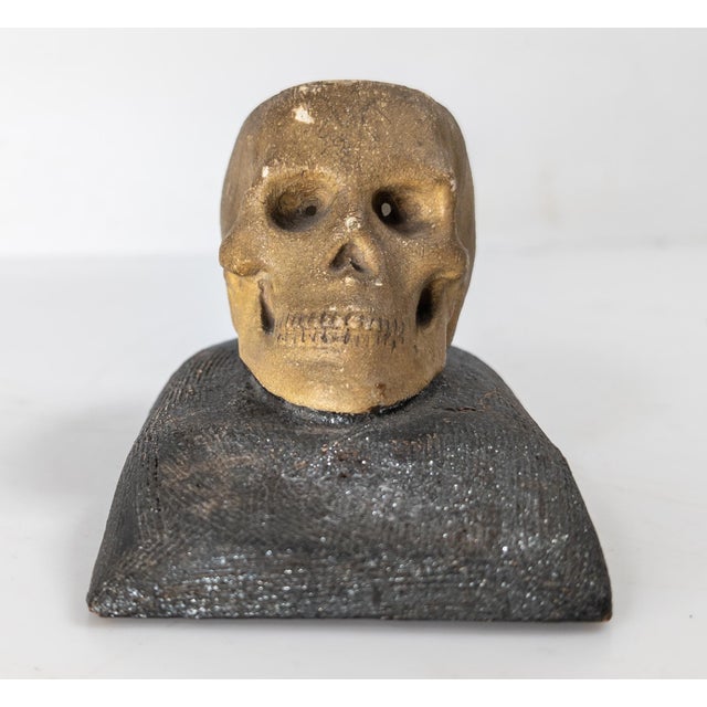 We are selling this great 19th century folk art pottery piece. This redware pottery figure features a well modeled skull...