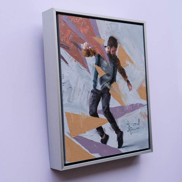 This oil painting on panel captures a dynamic figure in mid-motion, surrounded by angular, abstract shapes that suggest a...