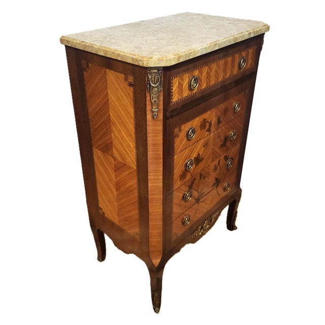Pair Antique French Louis XV Style Inlaid & Sienna Marble Chest Commodes Signed For Sale - Image 4 of 18