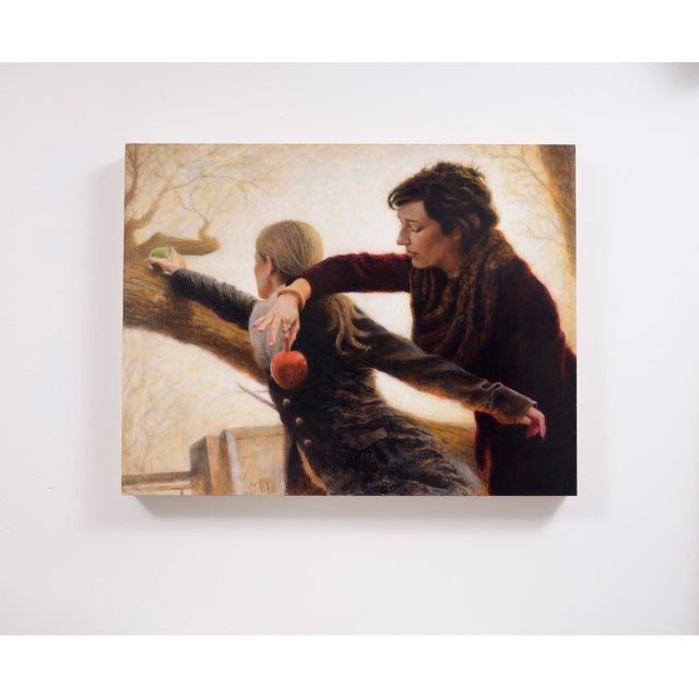 Contemporary For This From That Will Be Filled by Ken Cunningham | Oil on cradled panel Two figures reaching for objects on a tree branch. For Sale - Image 3 of 3