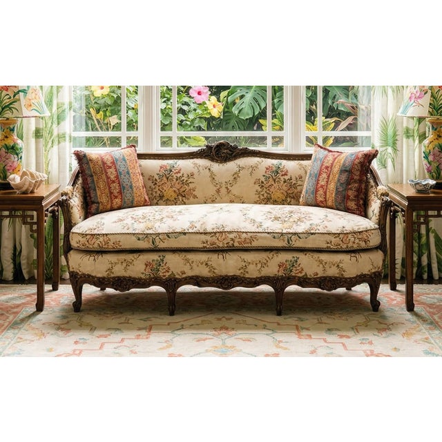 Mid 20th Century Louis XV Carved Walnut Settee | Newly Upholstered French Linen & Down Cushion | Palm Beach / Grandmillennial Style For Sale In Dallas - Image 6 of 14