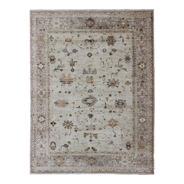 Keivan Woven Arts Large Angora Turkish Oushak Rug With Floral Motifs in Neutral Tones For Sale