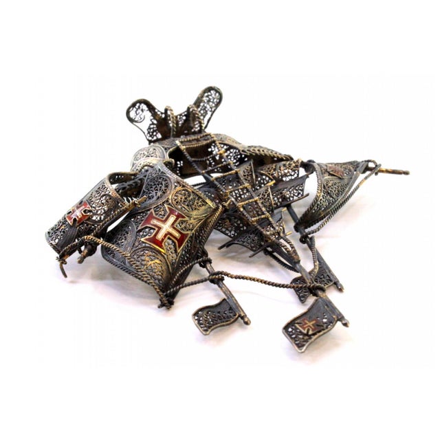 Silver Filigree Caravel with Flags and Maltese Crosses Sails For Sale - Image 6 of 9