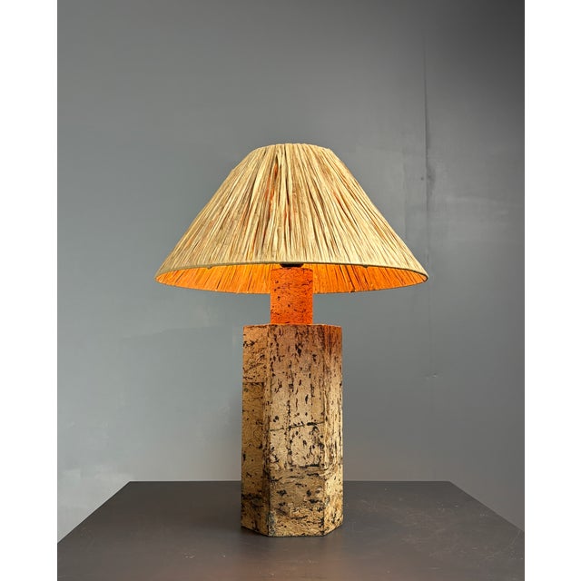 Mid-Century Boho Cork Table Lamp with Raffia Shade in the style of Ingo Maurer, 1970s For Sale - Image 16 of 18
