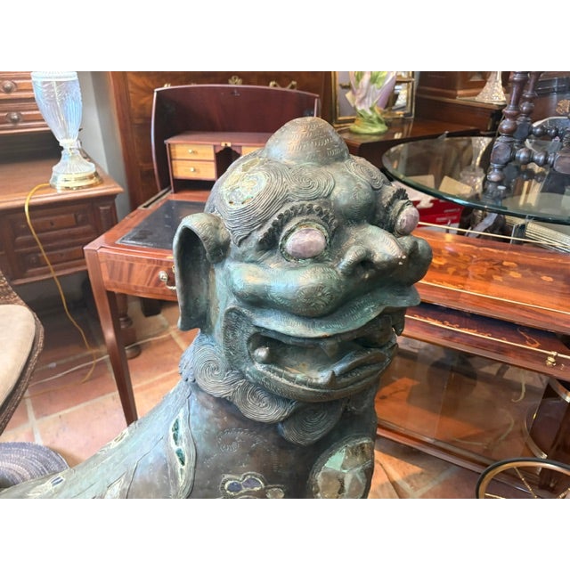 1950s Large 44 Inch High Asian Bronze Foo Dog Statue With Shell Stone Inlay For Sale In West Palm - Image 6 of 10