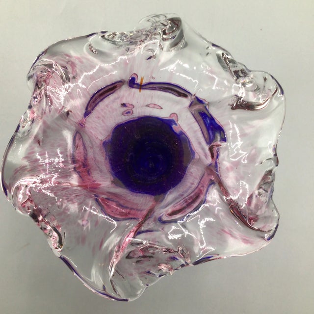 Glass Murano Colbalt Blue With Pink Swirl Floral Studio Art Glass Vases - A Pair For Sale - Image 7 of 12