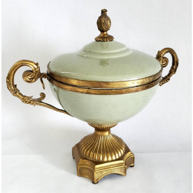 Chelsea House Inc Footed Bowl or Urn Celadon Green & Brass Candy Dish For Sale - Image 4 of 12