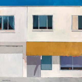 Ready to Open by Justin Wheatley | Acrylic on Wood Panel of a modern building facade For Sale