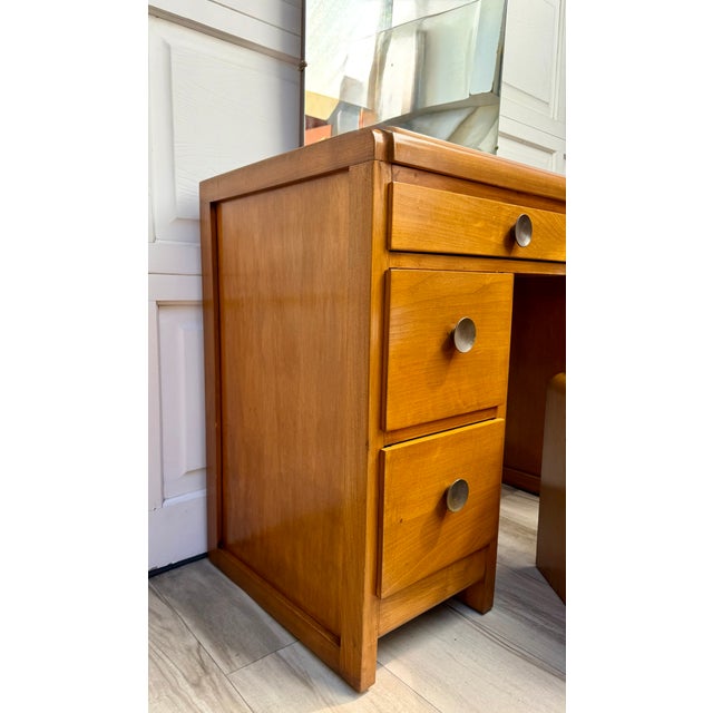 1940s John Stuart Blonde Wood 3-Piece Vanity, Mirror & Bentwood Stool For Sale - Image 16 of 18