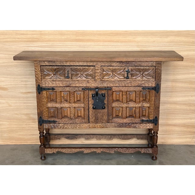 19th Spanish Baroque Carved Walnut Tuscan Two Drawer Credenza or Buffet For Sale - Image 17 of 18