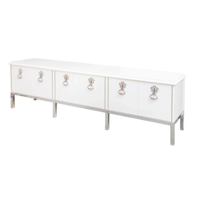 Vintage Mastercraft Custom Cabinet, Credenza or Buffet With Chrome Plated Over Bronze Hardware Restored Vintage For Sale - Image 13 of 13
