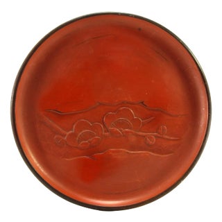 Mid 20th Century Signed Japanese Kamakura Bori Lacquerware Plate Red With Carved Flowers For Sale