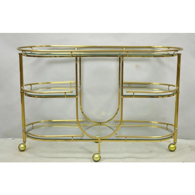 Vintage Mid Century Modern Brass 3 Tier Oval Frame Rolling Bar Cart Server Table For Sale - Image 14 of 15