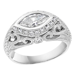 1 Carat Marquise Shape Center Diamond 14 Karat White Gold Ring, Art Deco Style For Sale