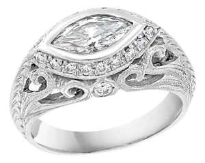 1 Carat Marquise Shape Center Diamond 14 Karat White Gold Ring, Art Deco Style