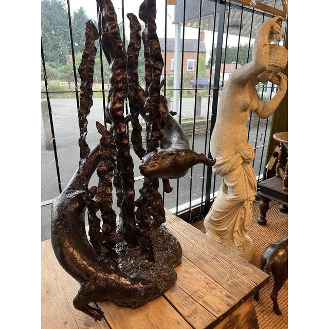 Bronzed Metal Swimming Otters in Kelp Garden Fountain Sculpture For Sale - Image 3 of 16