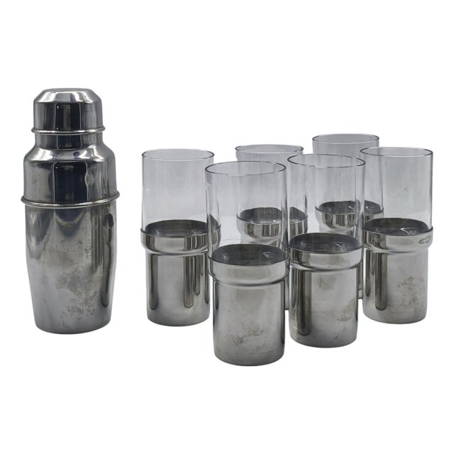 Stainless Steel Shaker and Glasses from Pran, Italy, 1970s For Sale
