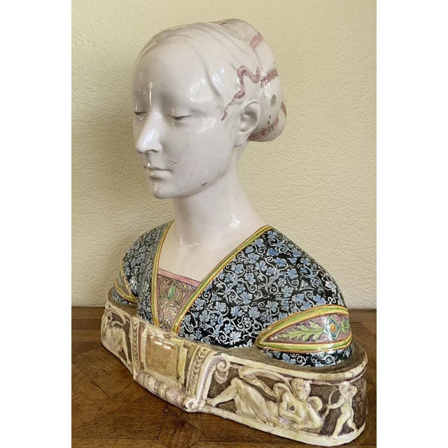 Late 19th Century Late 19th Century Antique Angelo Minghetti Majolica Italian Woman Bust After Francesco Laurana For Sale - Image 5 of 12