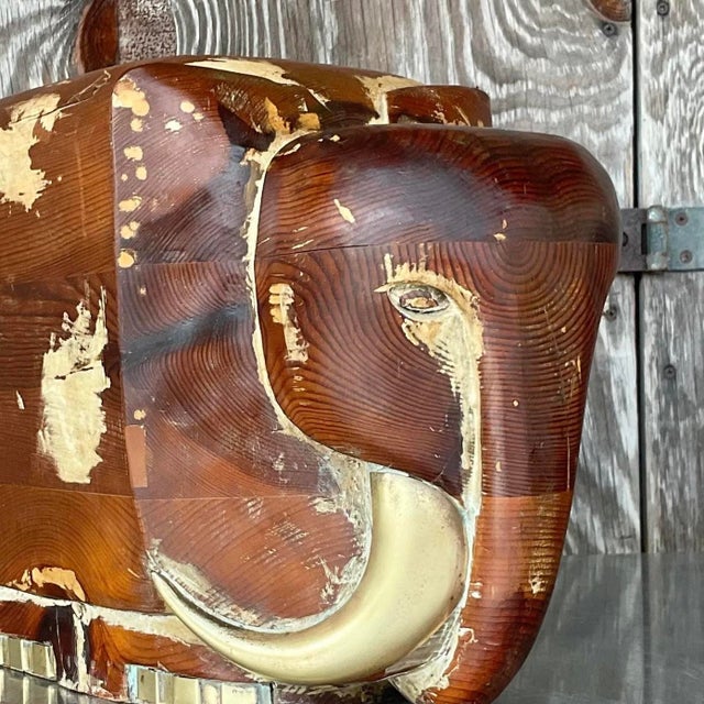 Vintage Boho Carved Wood and Brass Elephant For Sale - Image 10 of 12