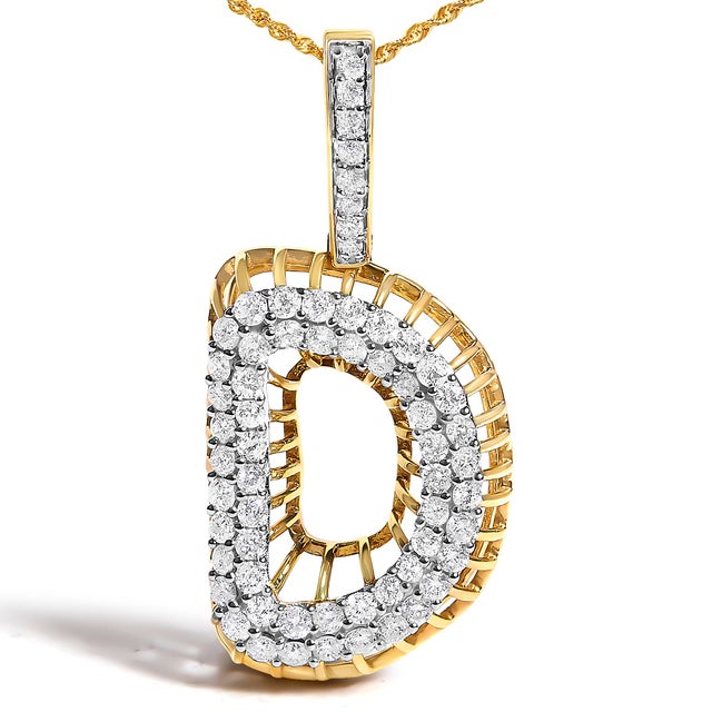 Contemporary Men's 10K Yellow Gold 1 1/5 Cttw Diamond Letter D Initial Pendant Necklace For Sale - Image 3 of 4