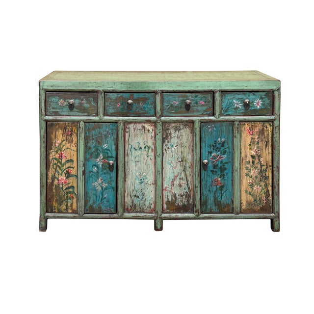 1980s Vintage Chinese Turquoise Blue Flowers Credenza Sideboard Table Cabinet For Sale - Image 5 of 5