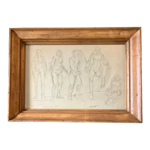 1940’s Original Charcoal Abstract Expressionist 5 Figure Nude Scene Vintage Wormwood Frame Signed