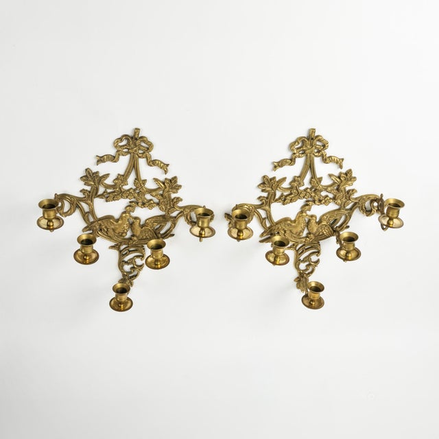 Rococo Vintage Solid Brass Ornate 5-Arm Wall Sconce Pair With Ribbon and Love Bird Motif For Sale - Image 3 of 15