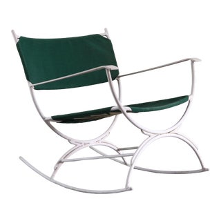Mid Century Modern Rocking Lounge Chair in Green Canvas and White Metal For Sale