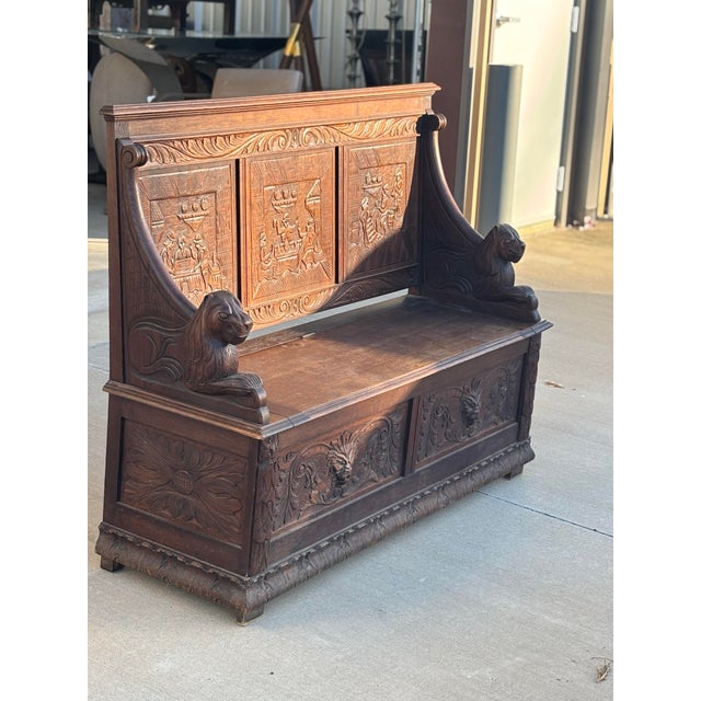 Mid 19th Century Mid 19th Century Victorian Oak Monk's Bench or Settle With Carved Lion Arms and a Hinged Seat For Sale - Image 5 of 9